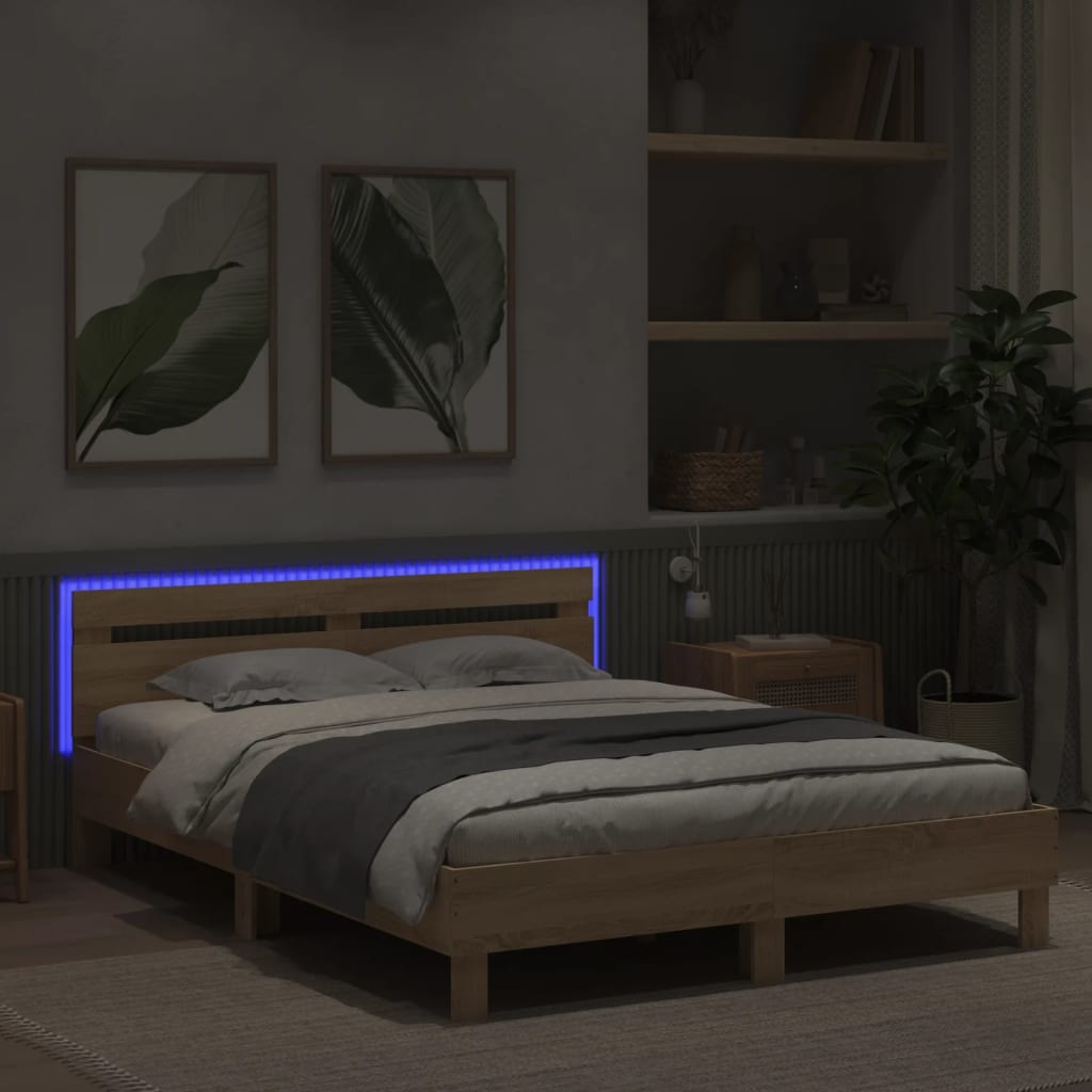 Bed Frame With Headboard And Led Sonoma Oak 150X200 Cm King Size