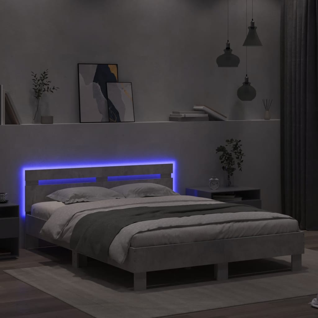 Bed Frame With Headboard And Led Concrete Grey 150X200 Cm King Size