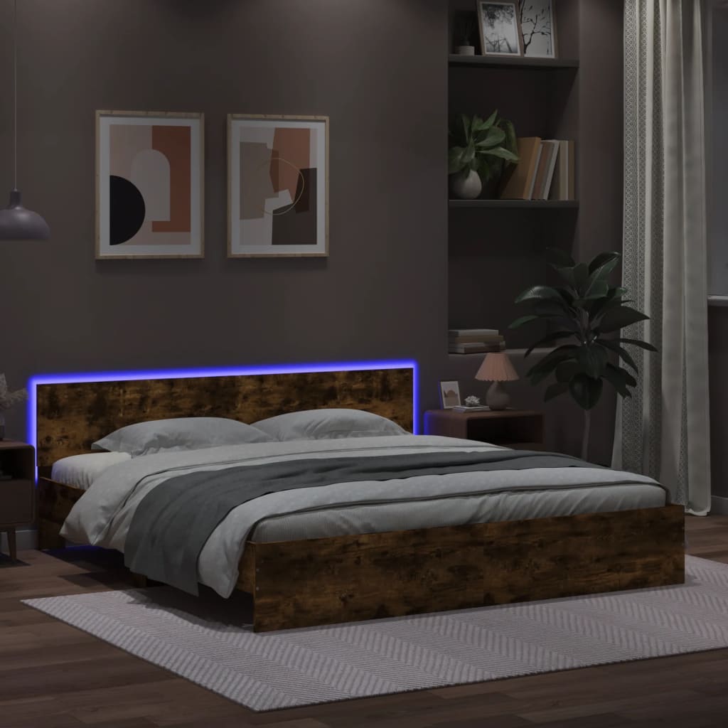 Bed Frame With Headboard And Led Smoked Oak 180X200 Cm Super King Size