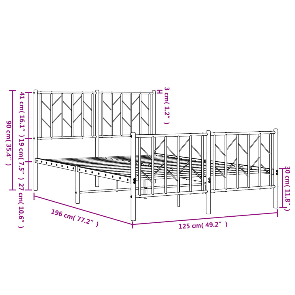 Metal Bed Frame With Headboard And Footboard Black 120X190 Cm Small Double