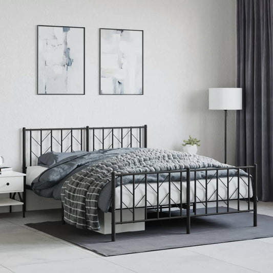 Metal Bed Frame With Headboard And Footboard Black 150X200 Cm King Size