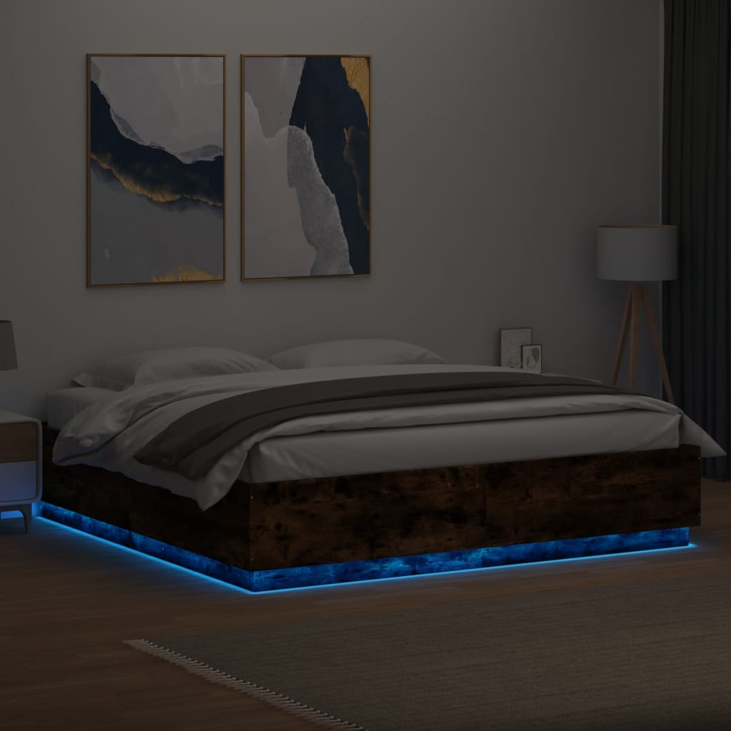 Bed Frame With Led Lights Smoked Oak 180X200 Cm Super King Engineered Wood