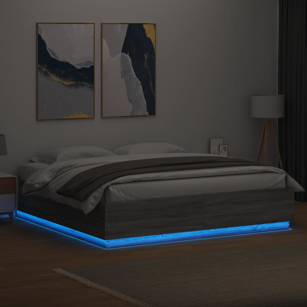 Bed Frame With Led Lights Grey Sonoma 180X200 Cm Super King Engineered Wood