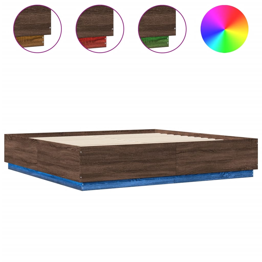 Bed Frame With Led Lights Brown Oak 180X200 Cm Super King Engineered Wood