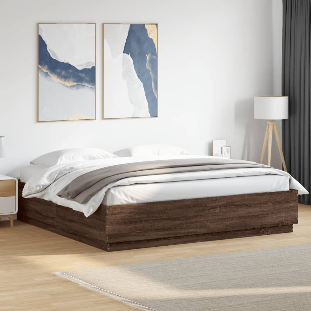 Bed Frame With Led Lights Brown Oak 180X200 Cm Super King Engineered Wood