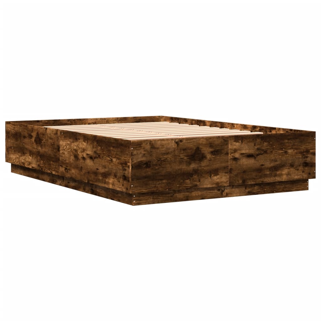 Bed Frame With Led Lights Smoked Oak 150X200 Cm King Size Engineered Wood