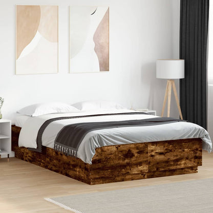 Bed Frame With Led Lights Smoked Oak 150X200 Cm King Size Engineered Wood