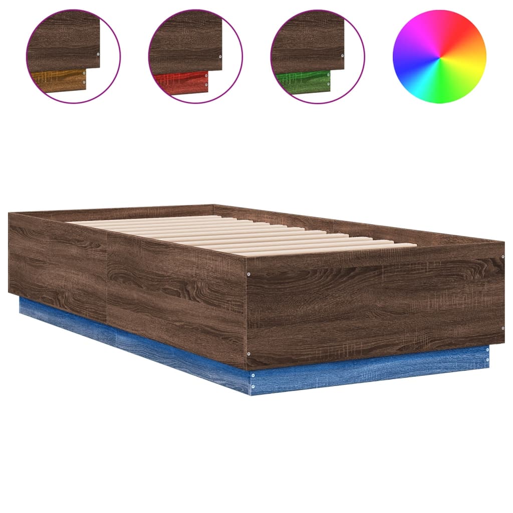 Bed Frame With Led Lights Brown Oak 90X190 Cm Single Engineered Wood