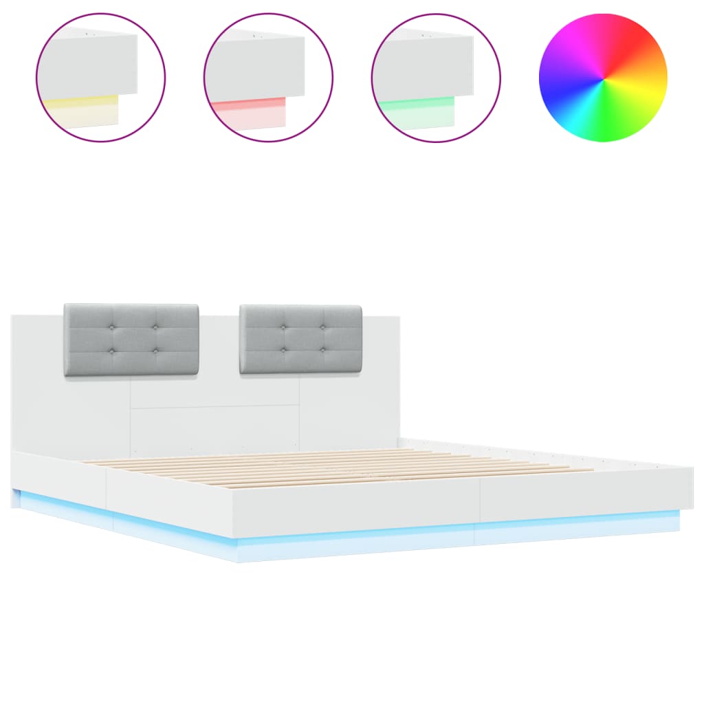 Bed Frame With Headboard And Led Lights White 180X200 Cm Super King