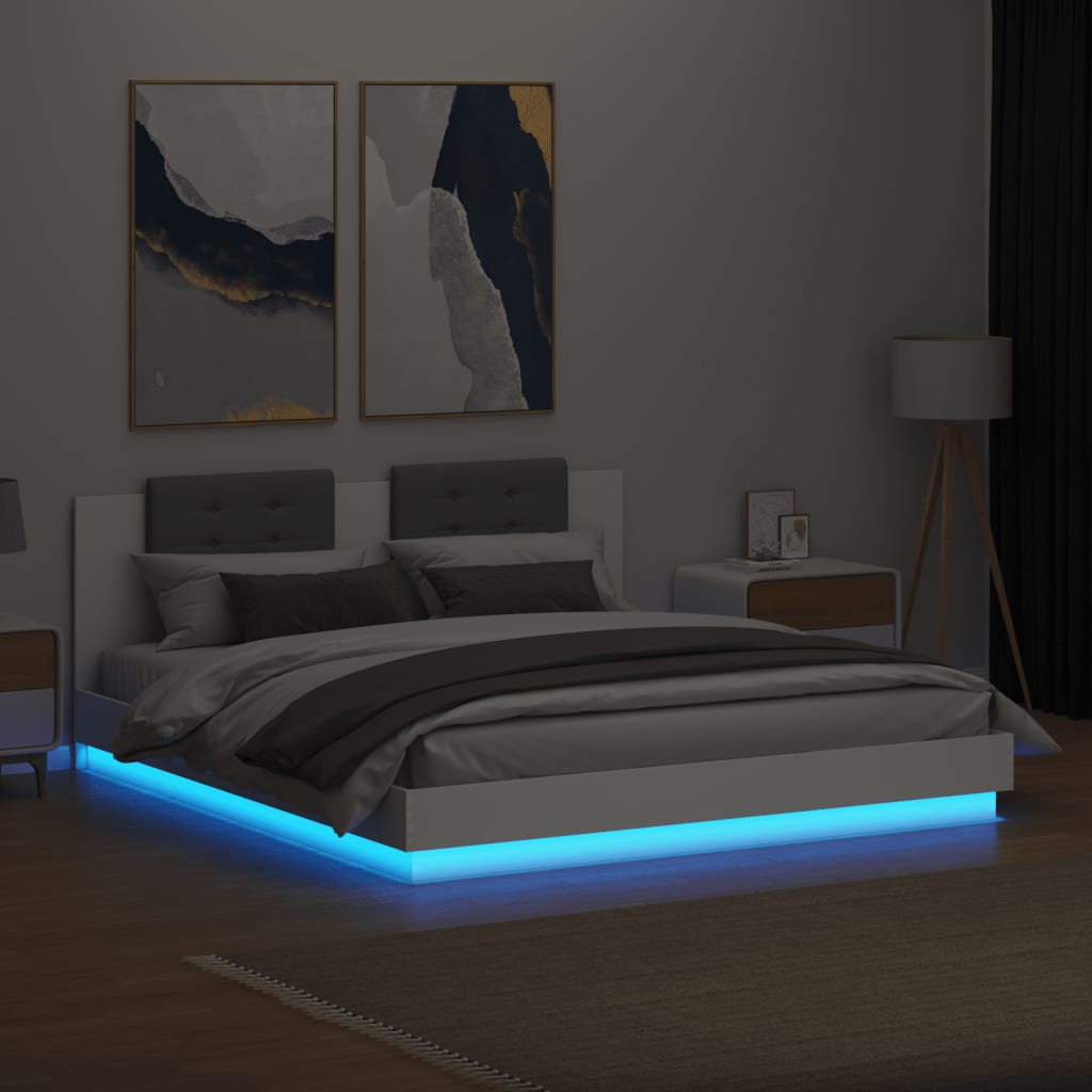 Bed Frame With Headboard And Led Lights White 180X200 Cm Super King