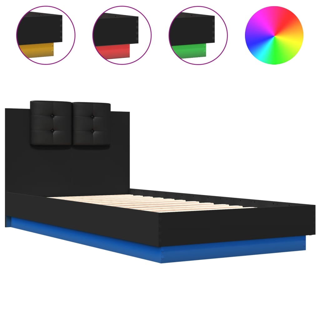 Bed Frame With Headboard And Led Lights Black 90X190 Cm Single