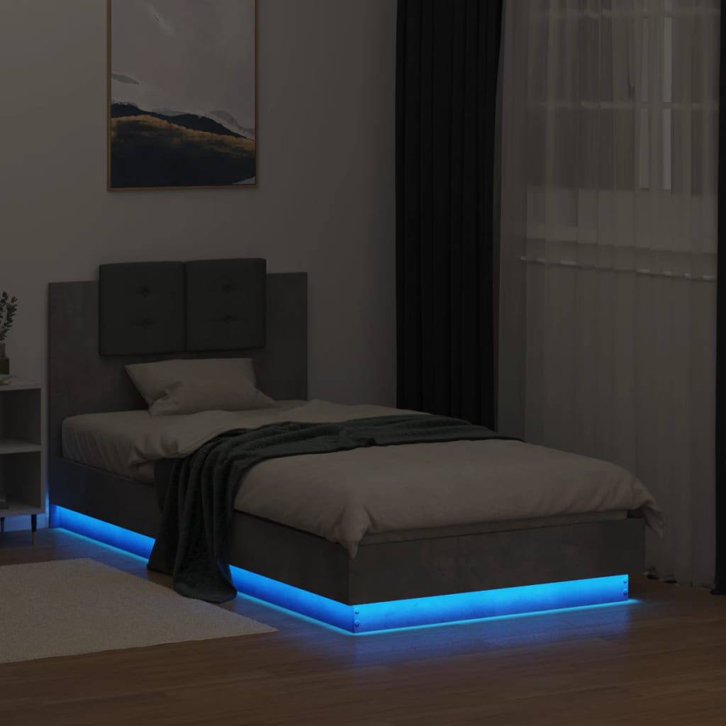 Bed Frame With Headboard And Led Lights Concrete Grey 90X190 Cm Single