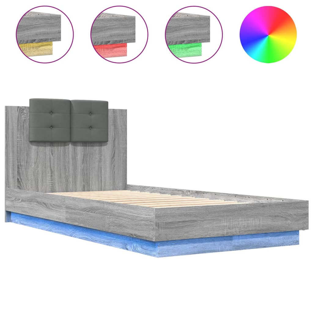 Bed Frame With Headboard And Led Lights Grey Sonoma 90X190 Cm Single