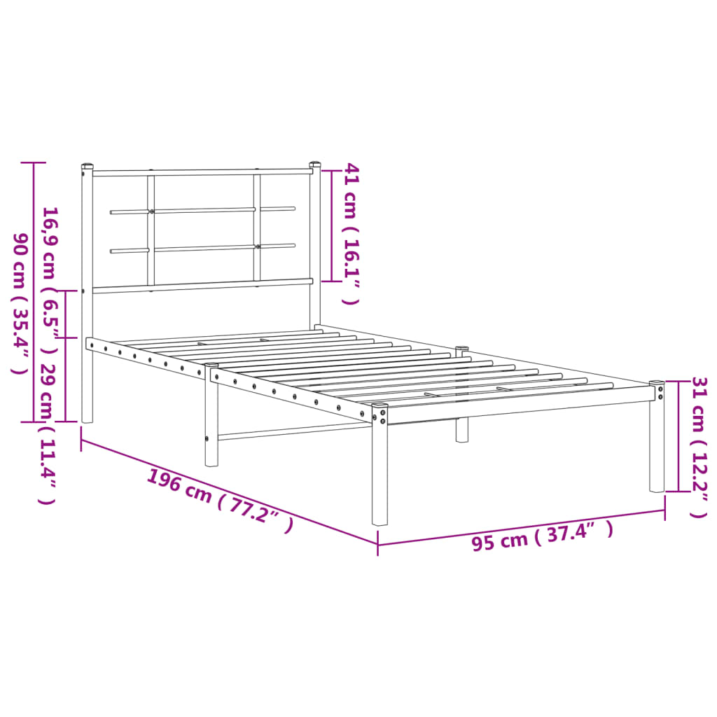 Metal Bed Frame With Headboard Black 90X190 Cm Single