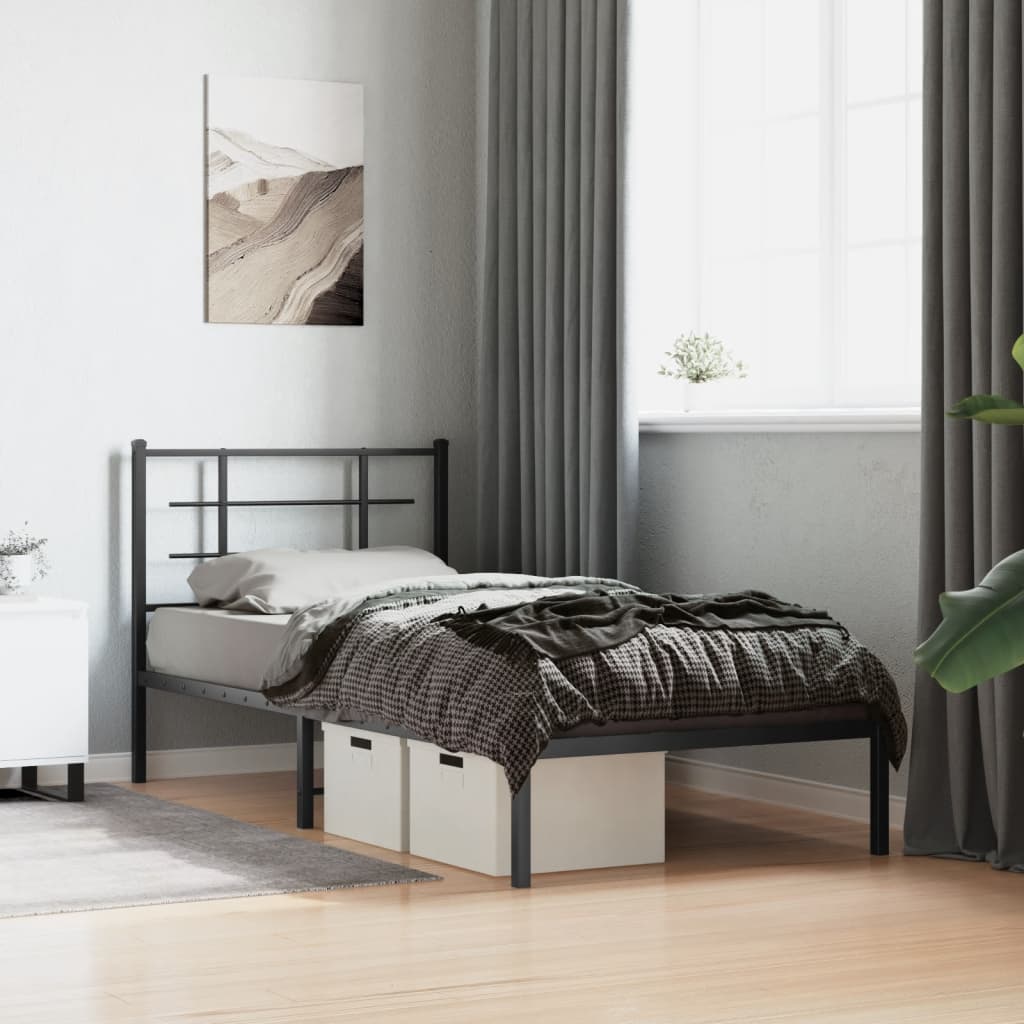 Metal Bed Frame With Headboard Black 90X190 Cm Single