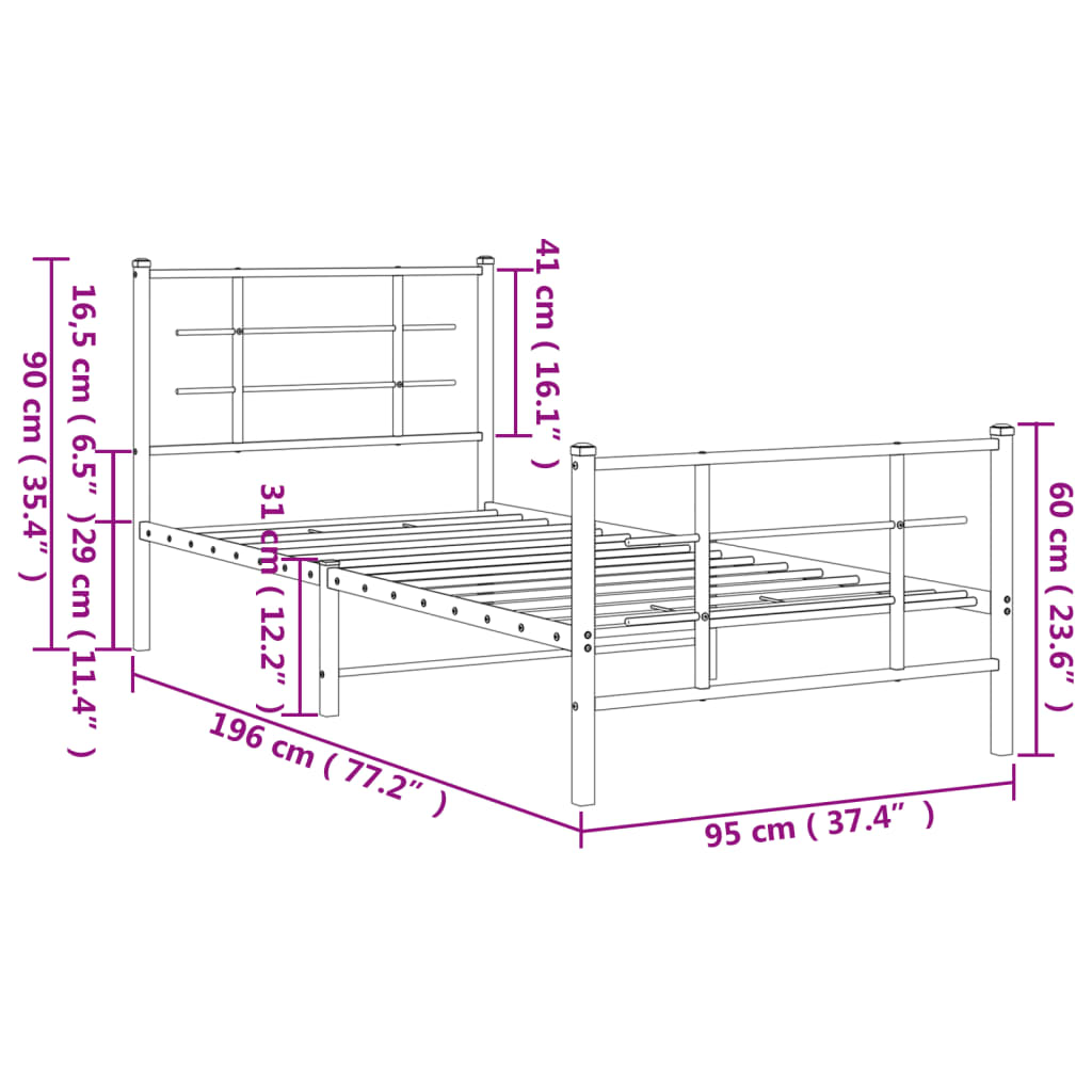 Metal Bed Frame With Headboard And Footboard Black 90X190 Cm Single