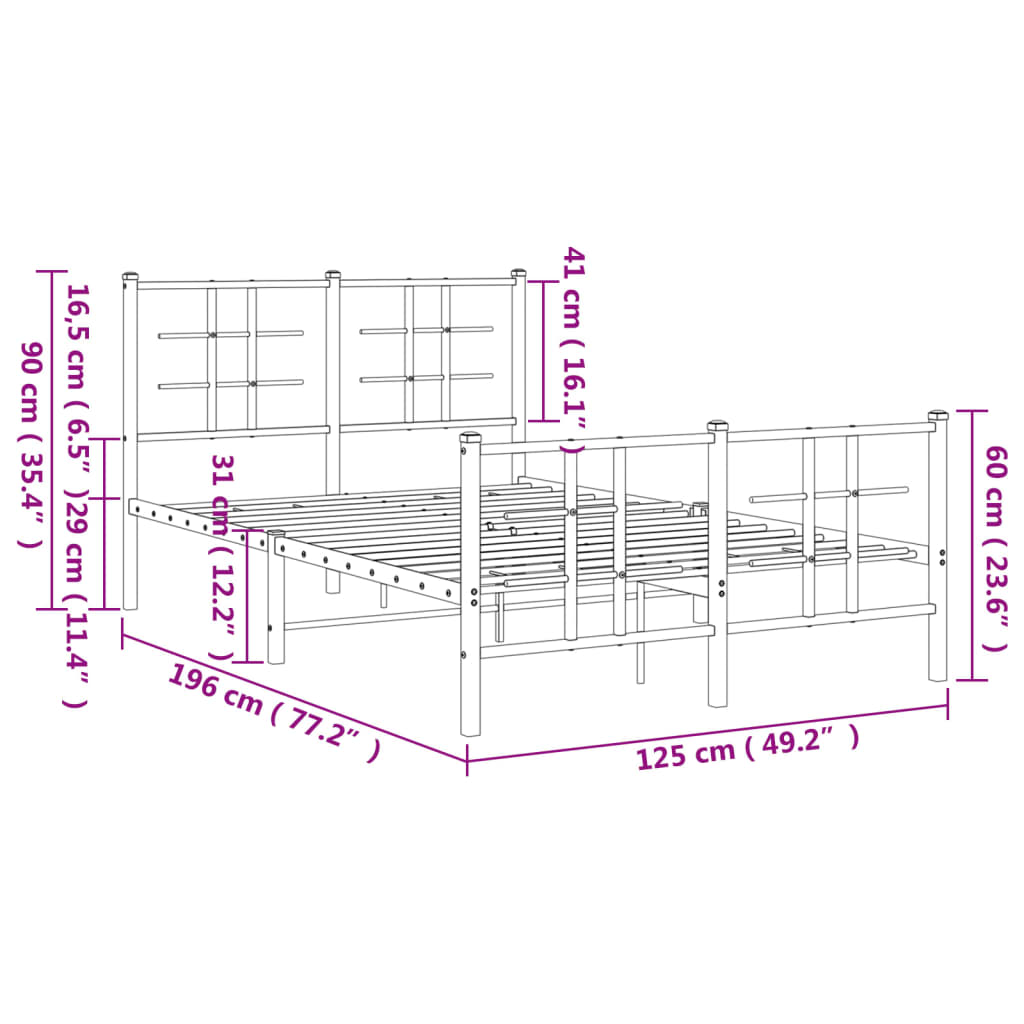 Metal Bed Frame With Headboard And Footboard Black 120X190 Cm Small Double