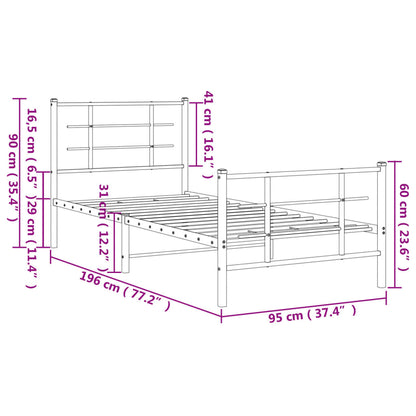 Metal Bed Frame With Headboard And Footboard White 90X190 Cm Single