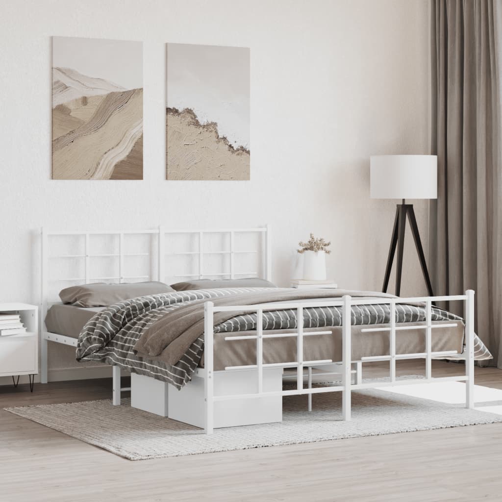 Metal Bed Frame With Headboard And Footboard White 150X200 Cm King Size