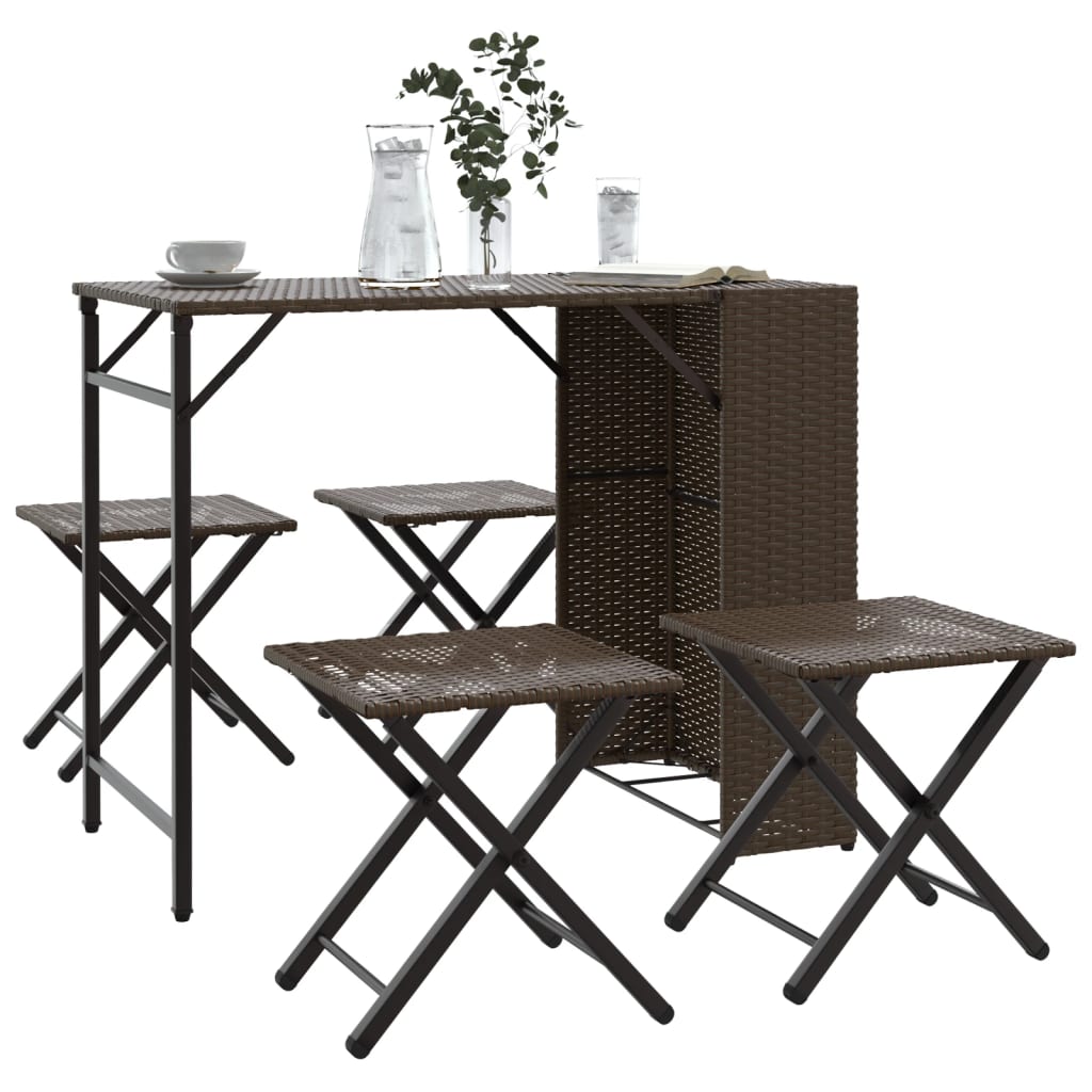 5 Piece Garden Dining Set Foldable Brown Poly Rattan