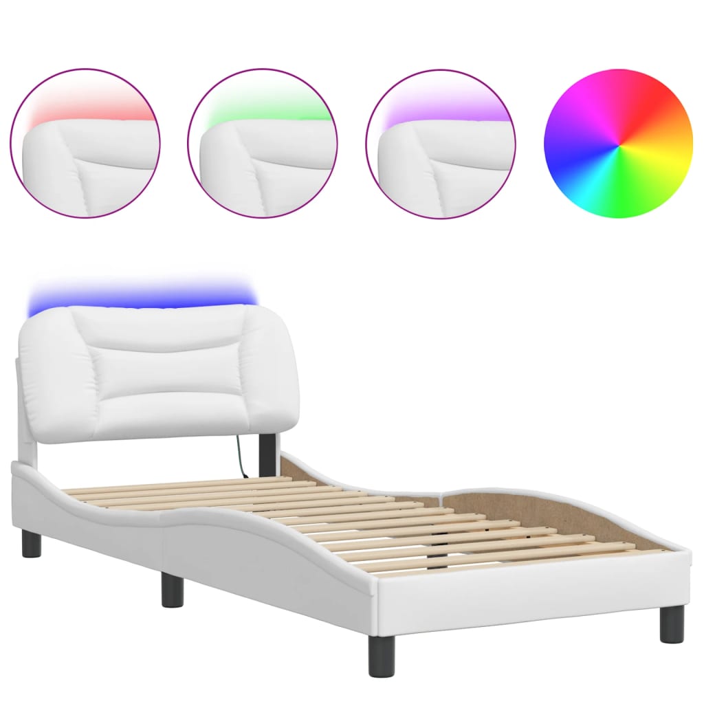 Bed Frame With Led Lights White 90X190 Cm Single Faux Leather