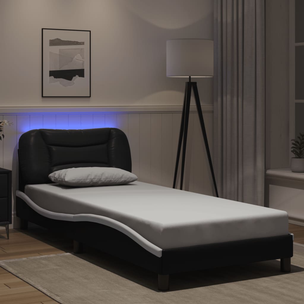 Bed Frame With Led Lights Black And White 90X190 Cm Single Faux Leather