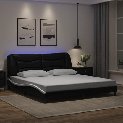 Bed Frame With Led Lights Black And White 180X200 Cm Super King Faux Leather