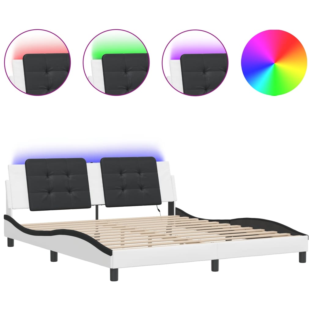 Bed Frame With Led Lights White And Black 180X200 Cm Super King Faux Leather