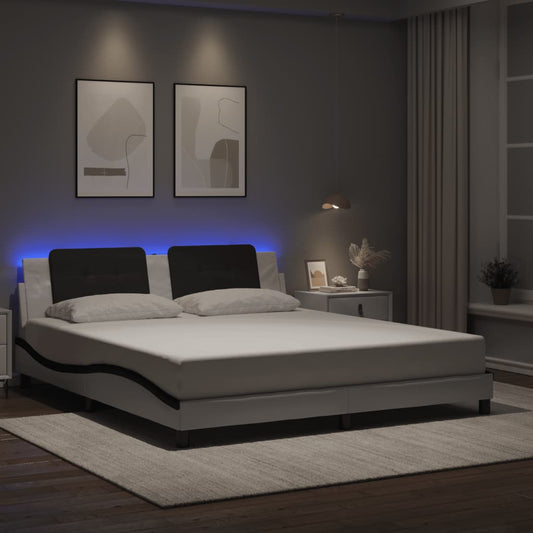 Bed Frame With Led Lights White And Black 180X200 Cm Super King Faux Leather