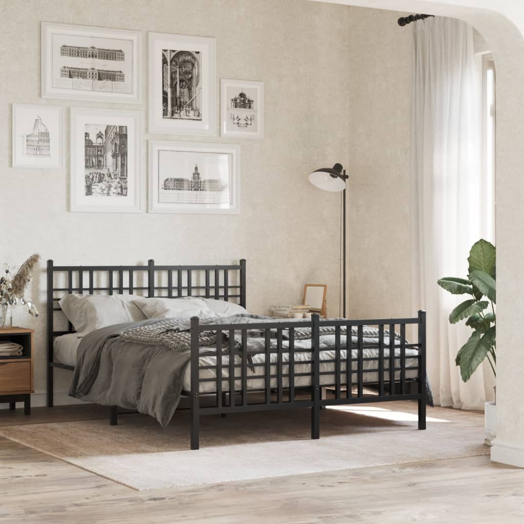 Metal Bed Frame With Headboard And Footboard Black 140X190 Cm