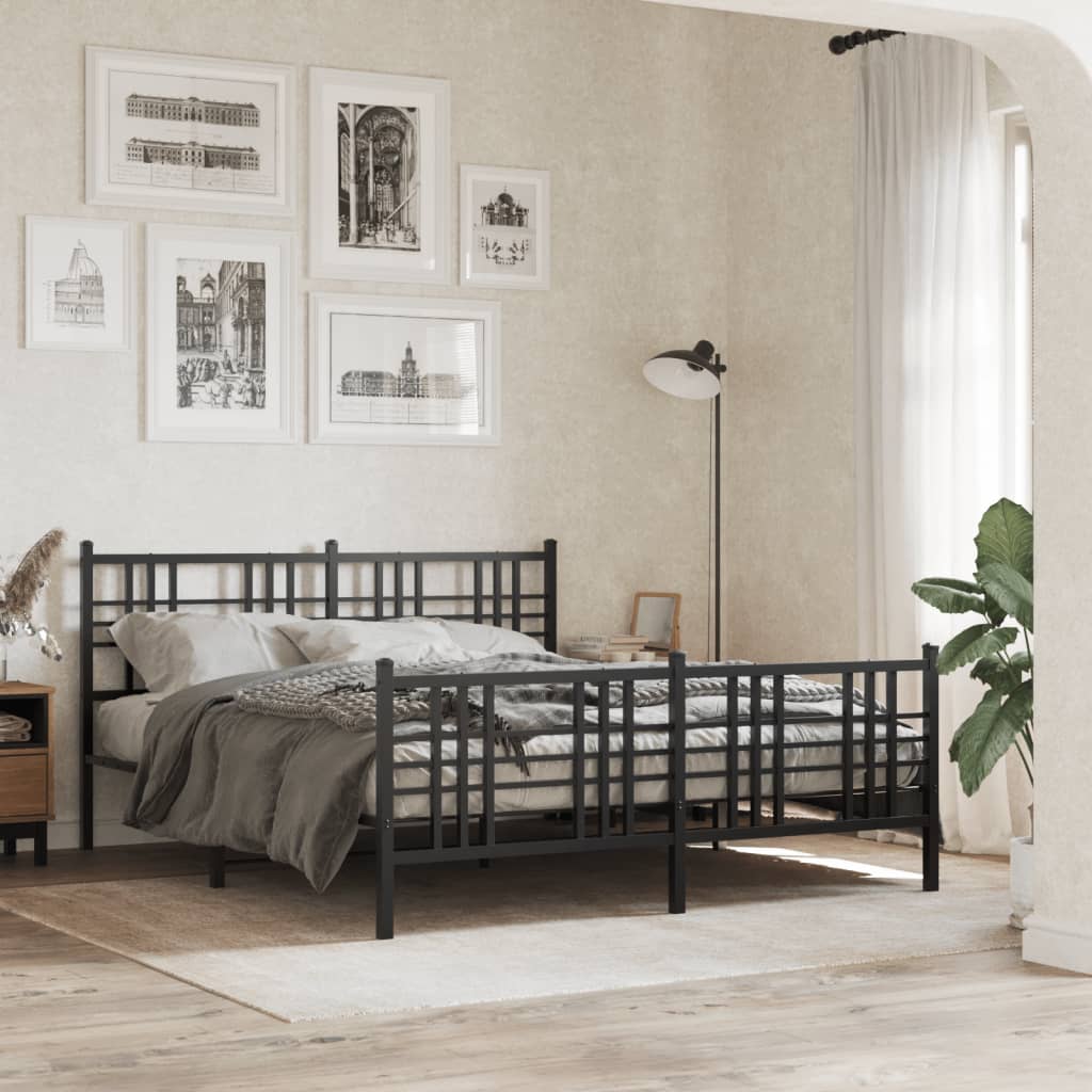 Metal Bed Frame With Headboard And Footboard Black 160X200 Cm