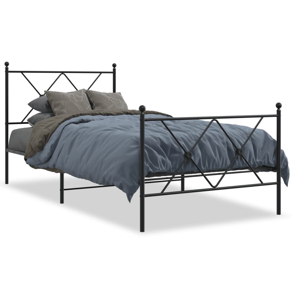 Metal Bed Frame With Headboard And Footboard Black 90X200 Cm