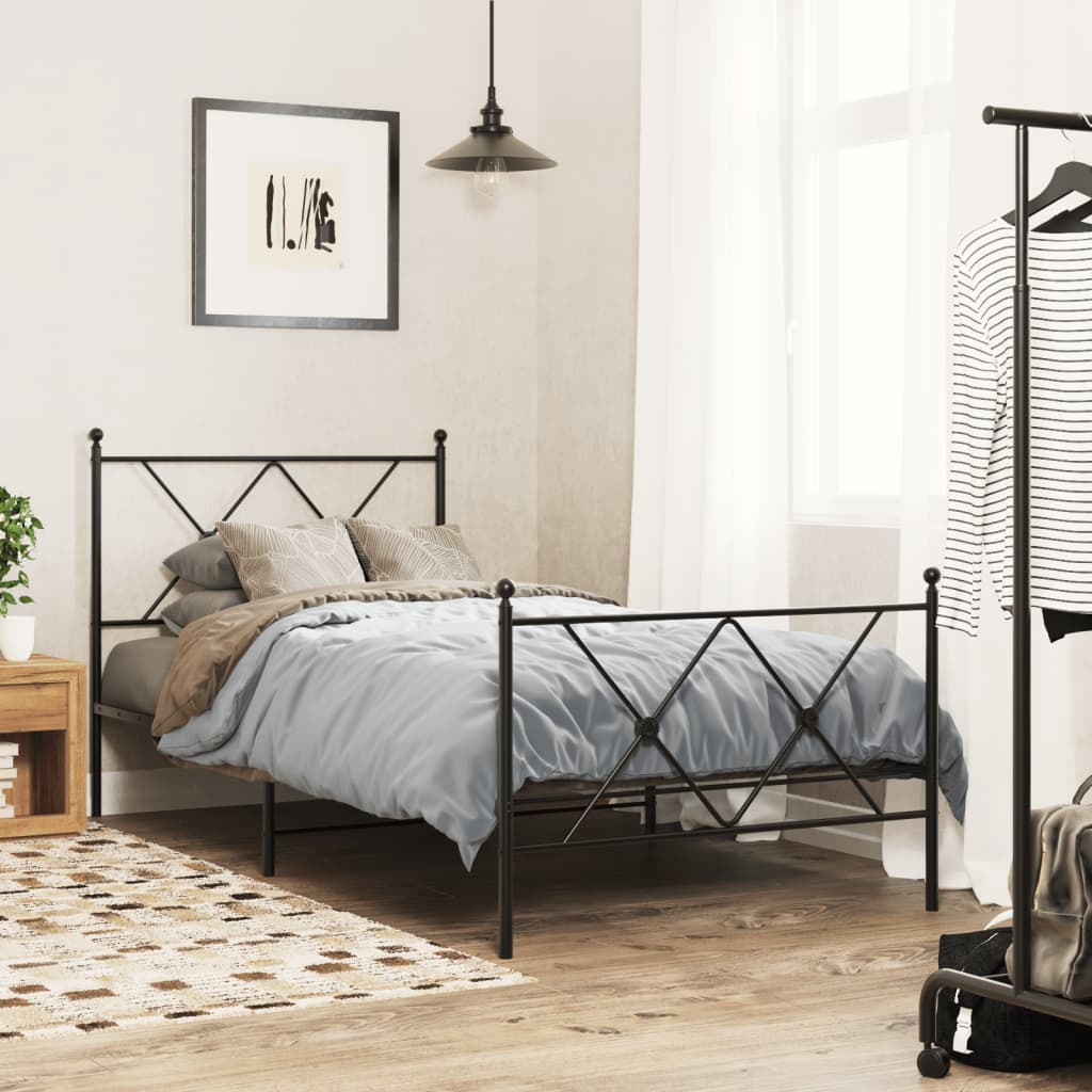 Metal Bed Frame With Headboard And Footboard Black 90X200 Cm