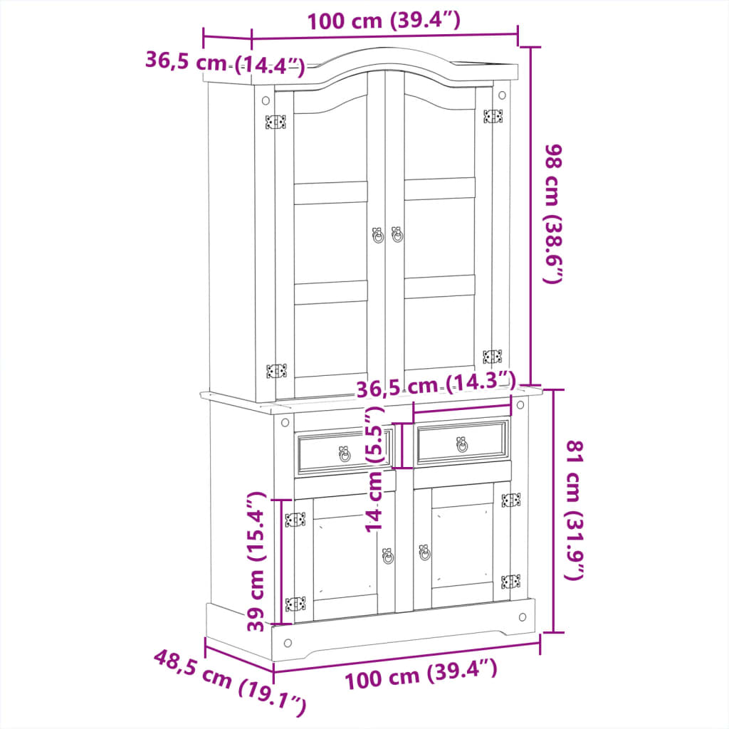 Glass Display Cabinet Corona 100X48.5X179 Cm Solid Wood Pine