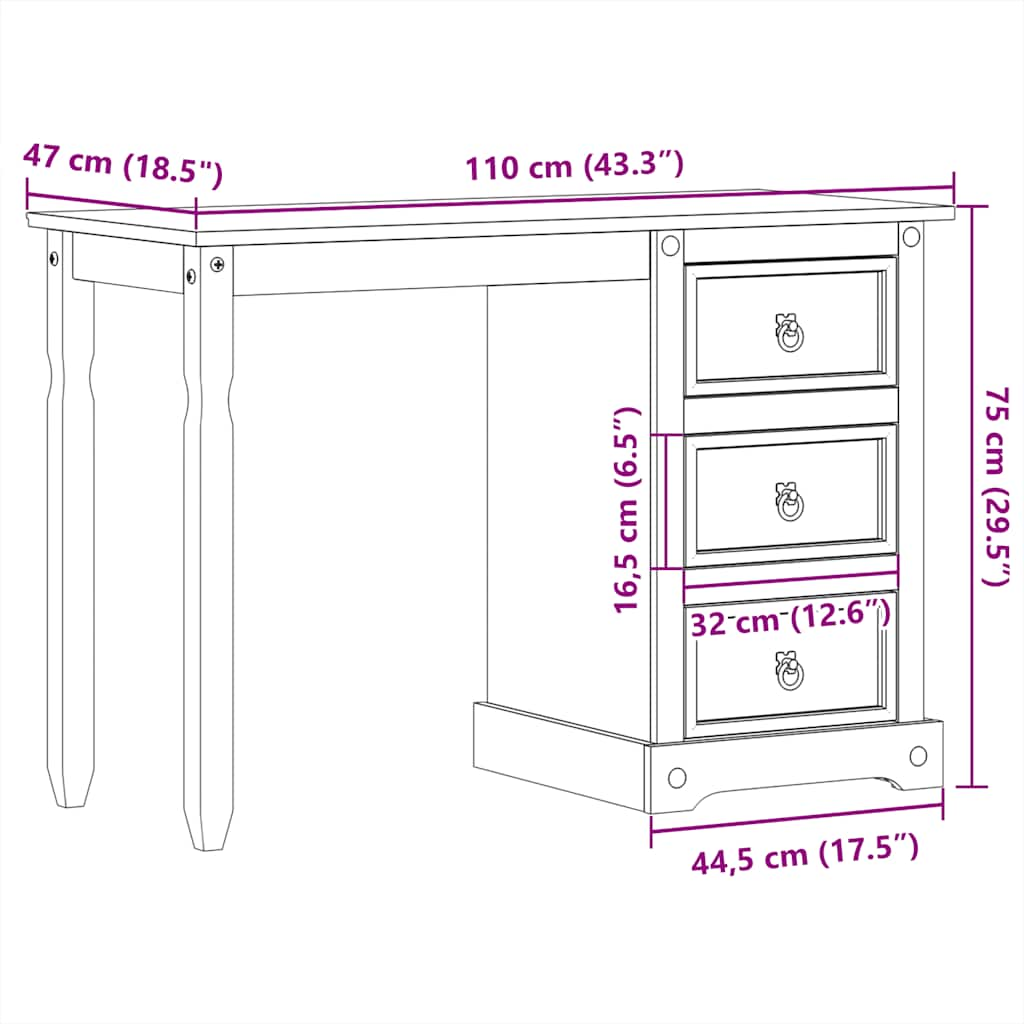 Dressing Table Corona 110X50X75 Cm Solid Wood Pine