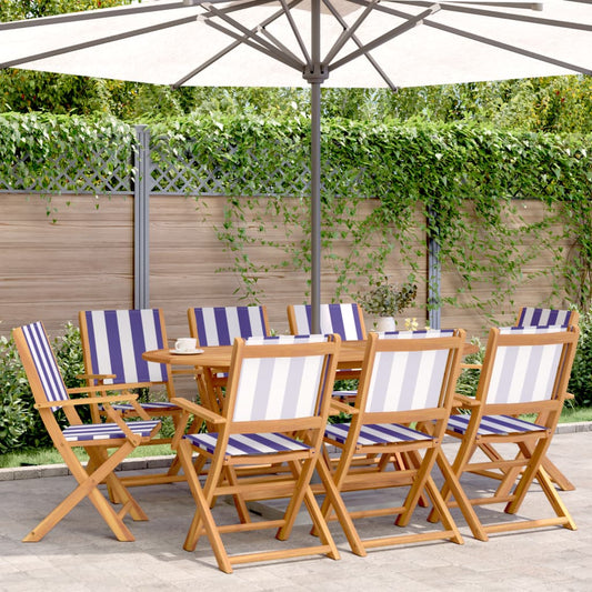 Folding Garden Chairs 8 Pcs Blue And White Fabric And Solid Wood