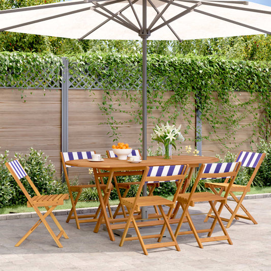 Folding Garden Chairs 6 Pcs Blue And White Fabric And Solid Wood