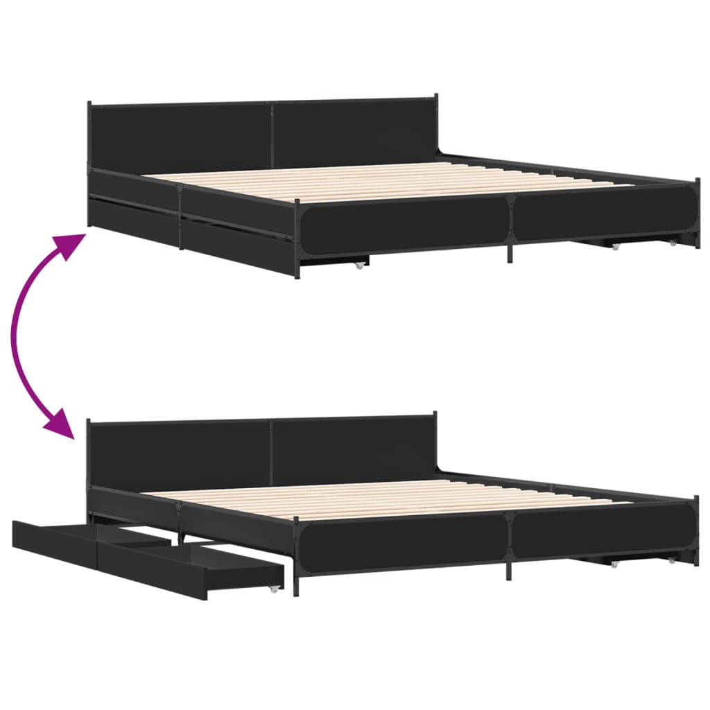 Bed Frame With Drawers Black 180X200 Cm Super King Engineered Wood