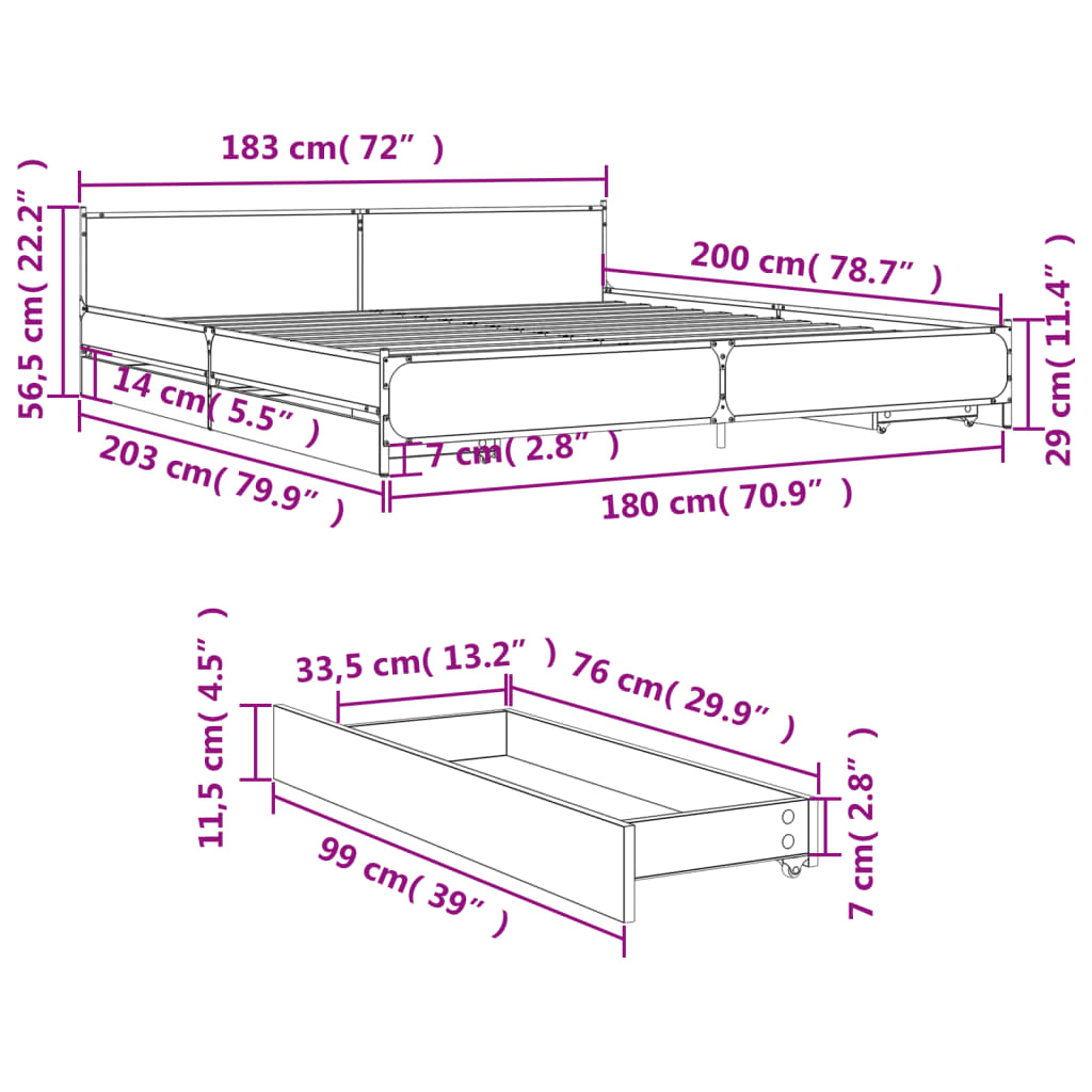 Bed Frame With Drawers Black 180X200 Cm Super King Engineered Wood