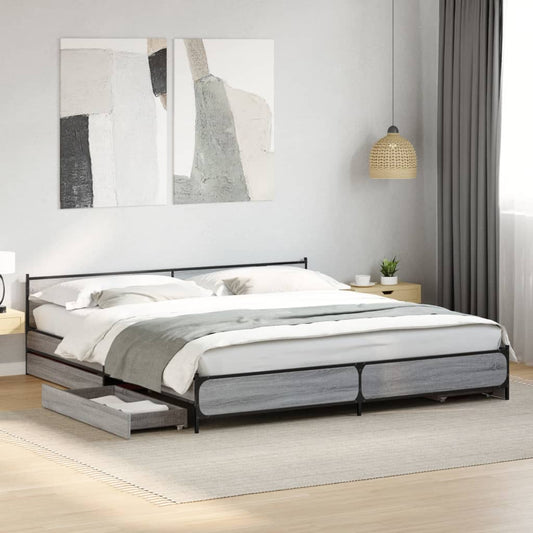 Bed Frame With Drawers Grey Sonoma 180X200 Cm Super King Engineered Wood