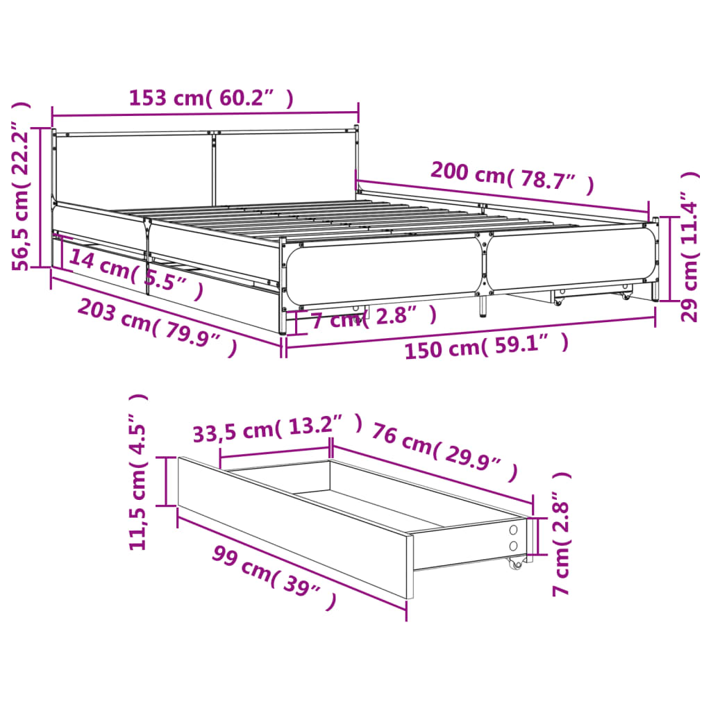 Bed Frame With Drawers Black 150X200 Cm King Size Engineered Wood