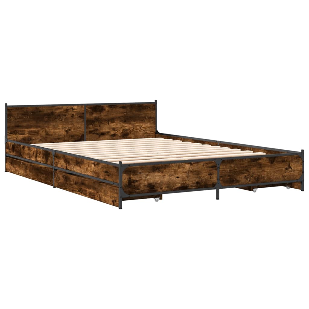 Bed Frame With Drawers Smoked Oak 150X200 Cm King Size Engineered Wood