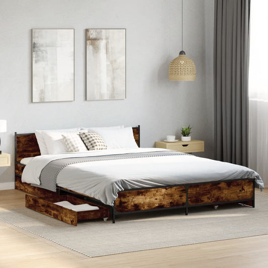 Bed Frame With Drawers Smoked Oak 150X200 Cm King Size Engineered Wood