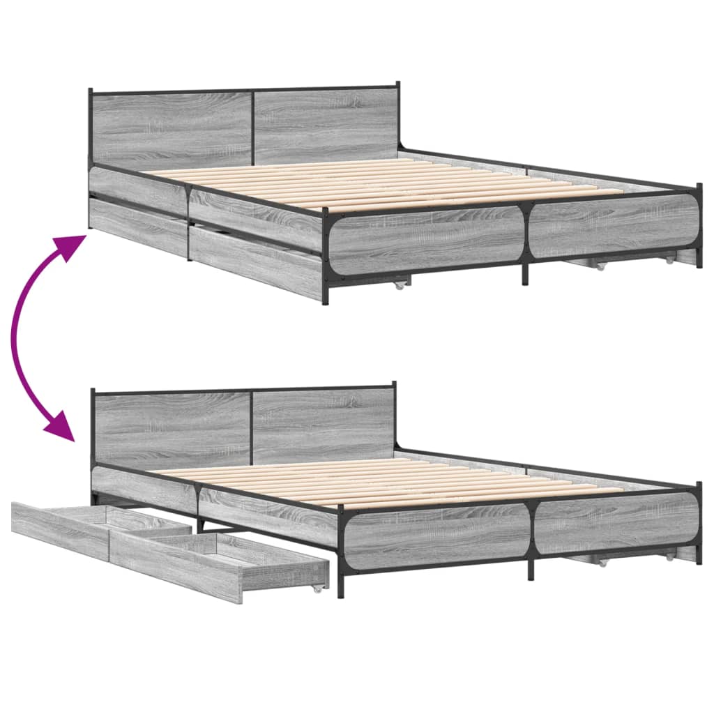 Bed Frame With Drawers Grey Sonoma 150X200 Cm King Size Engineered Wood