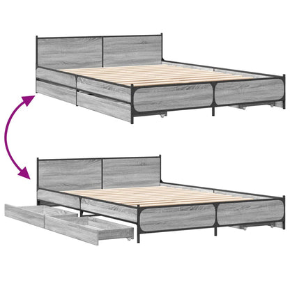 Bed Frame With Drawers Grey Sonoma 150X200 Cm King Size Engineered Wood