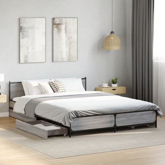 Bed Frame With Drawers Grey Sonoma 150X200 Cm King Size Engineered Wood