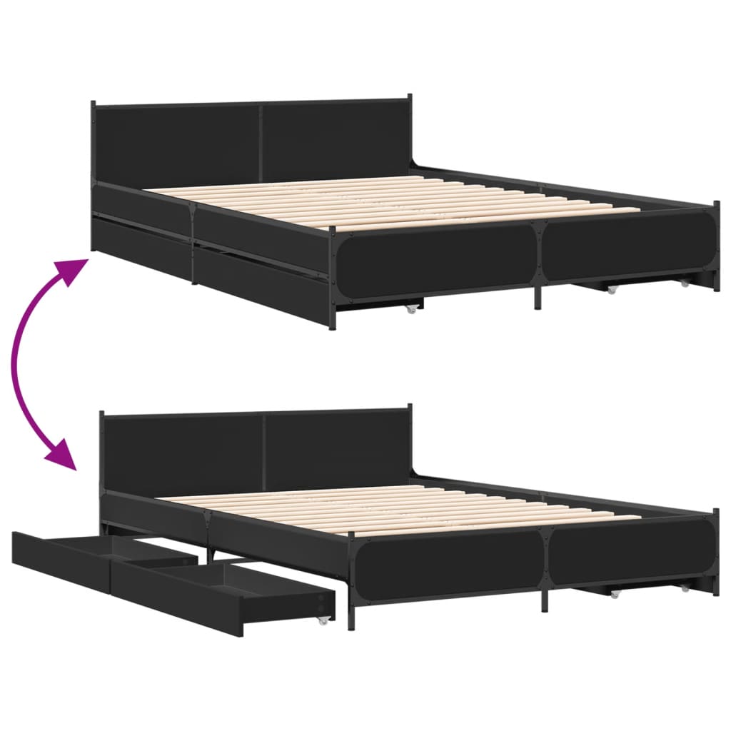 Bed Frame With Drawers Black 120X190 Cm Small Double Engineered Wood