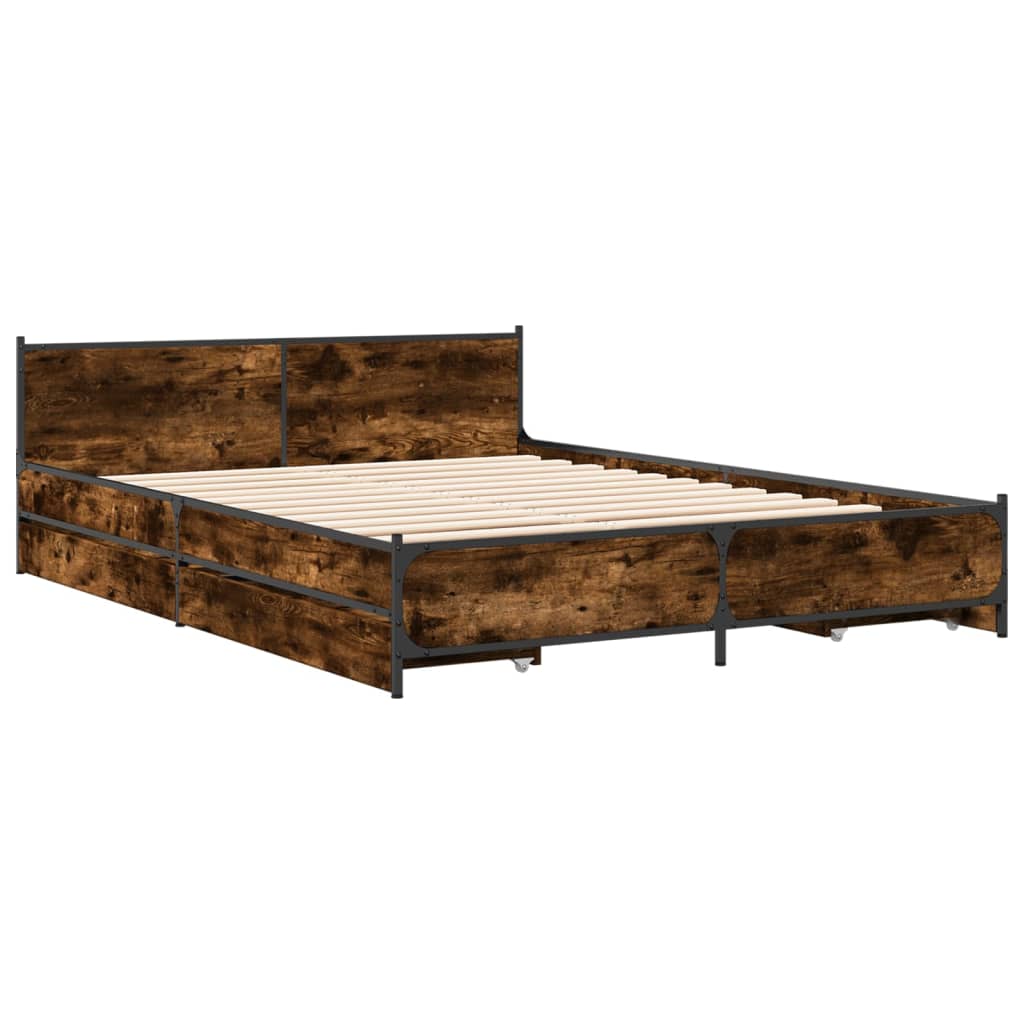 Bed Frame With Drawers Smoked Oak 120X190 Cm Small Double Engineered Wood