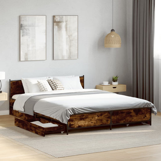 Bed Frame With Drawers Smoked Oak 120X190 Cm Small Double Engineered Wood