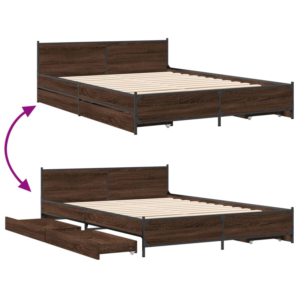 Bed Frame With Drawers Brown Oak 120X190 Cm Small Double Engineered Wood